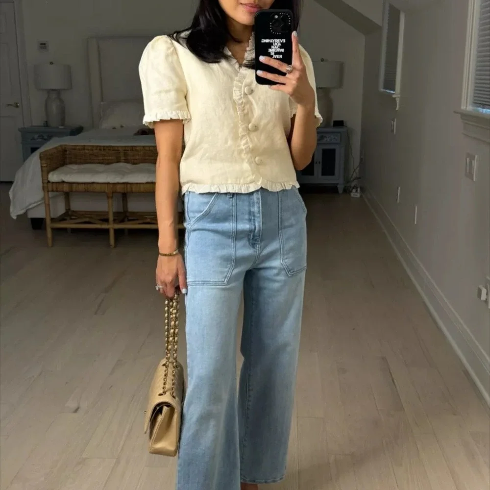 Reformation | Bess 100% Linen Puff Sleeve Ruffle Top in Sugar Cream | Size Med